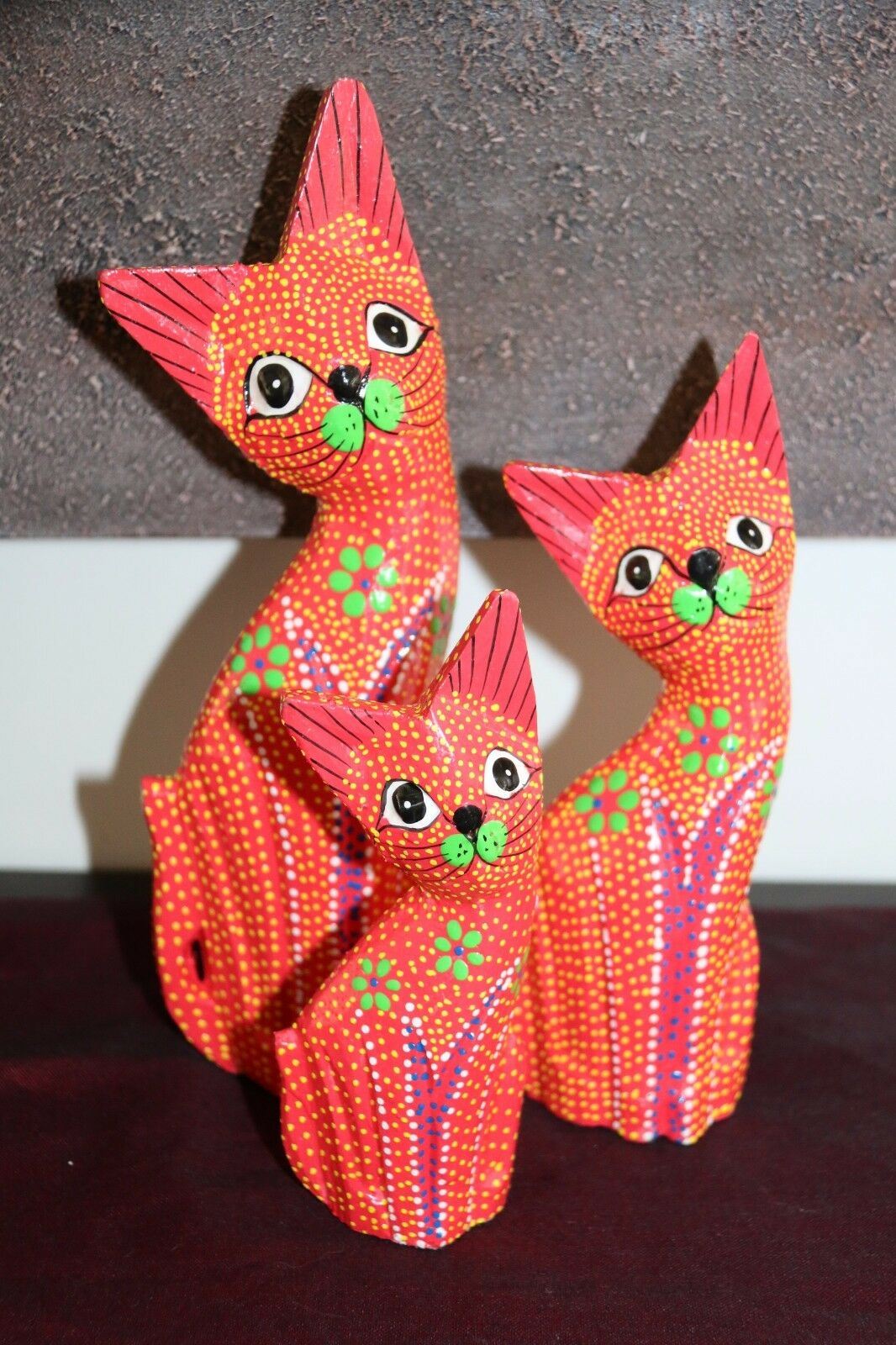 NEW Balinese Hand Carved Set 3 Cats - Wood Carved Bali Animals - 5 Colours Avail