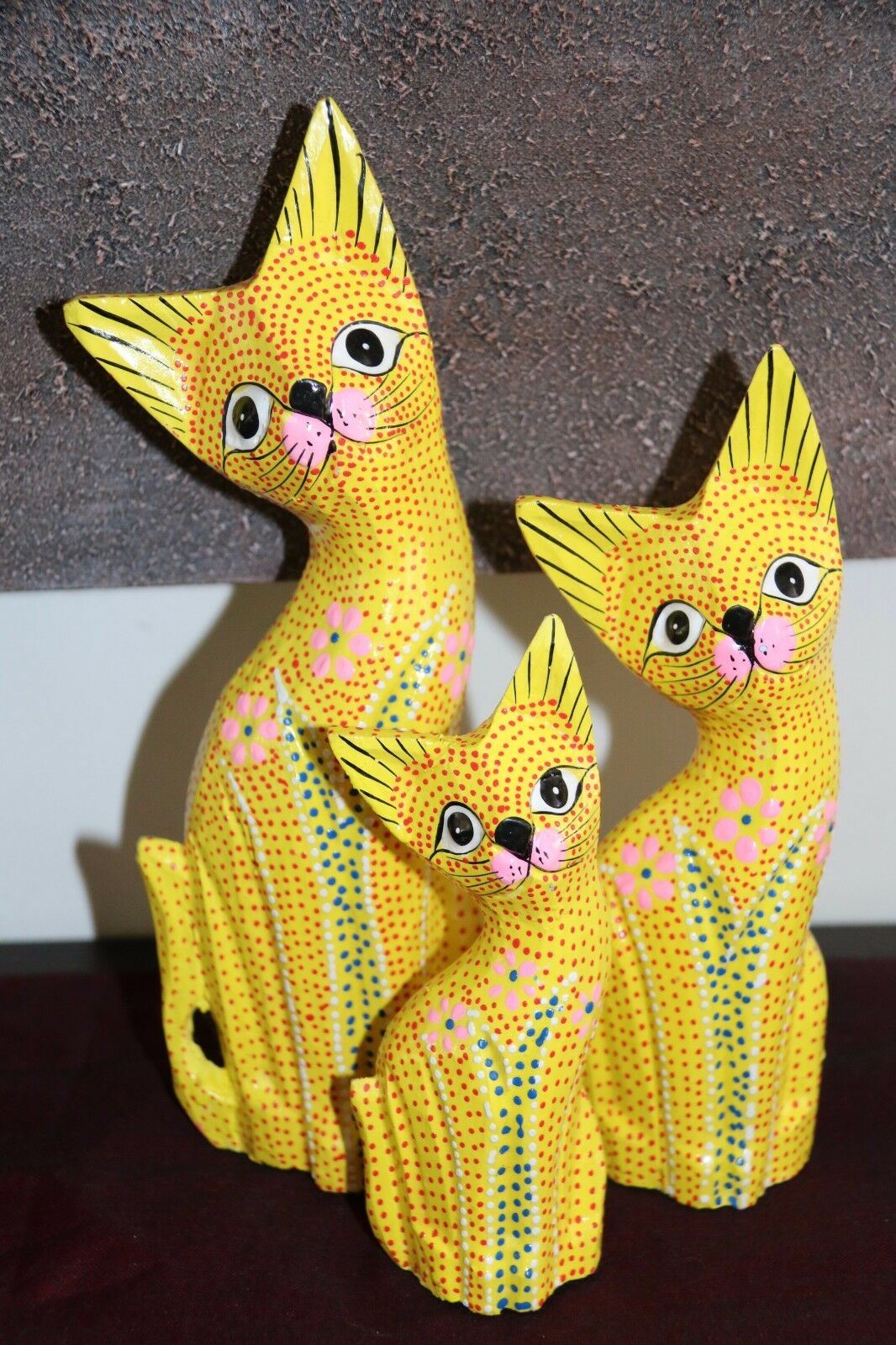 NEW Balinese Hand Carved Set 3 Cats - Wood Carved Bali Animals - 5 Colours Avail