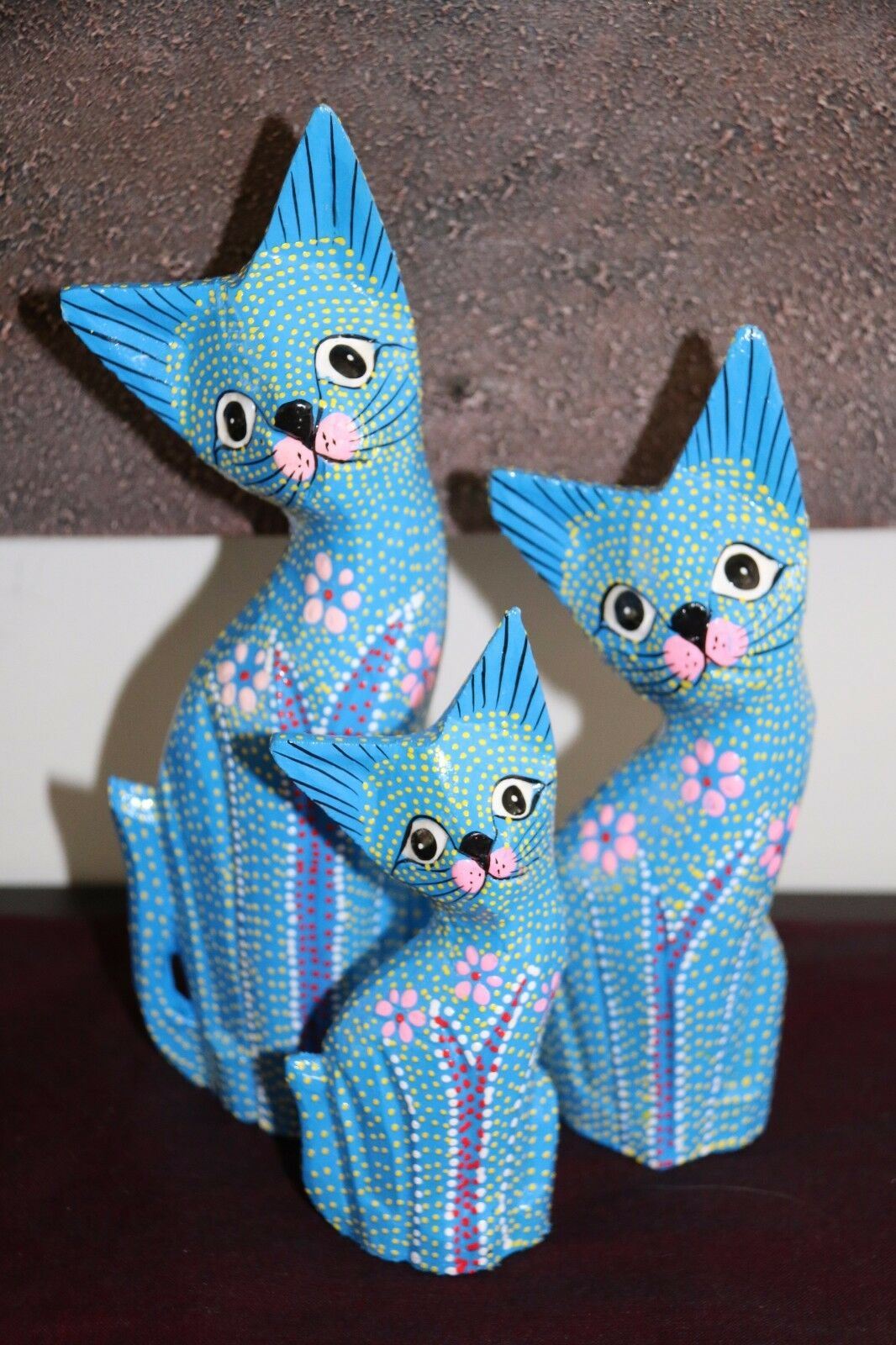 NEW Balinese Hand Carved Set 3 Cats - Wood Carved Bali Animals - 5 Colours Avail