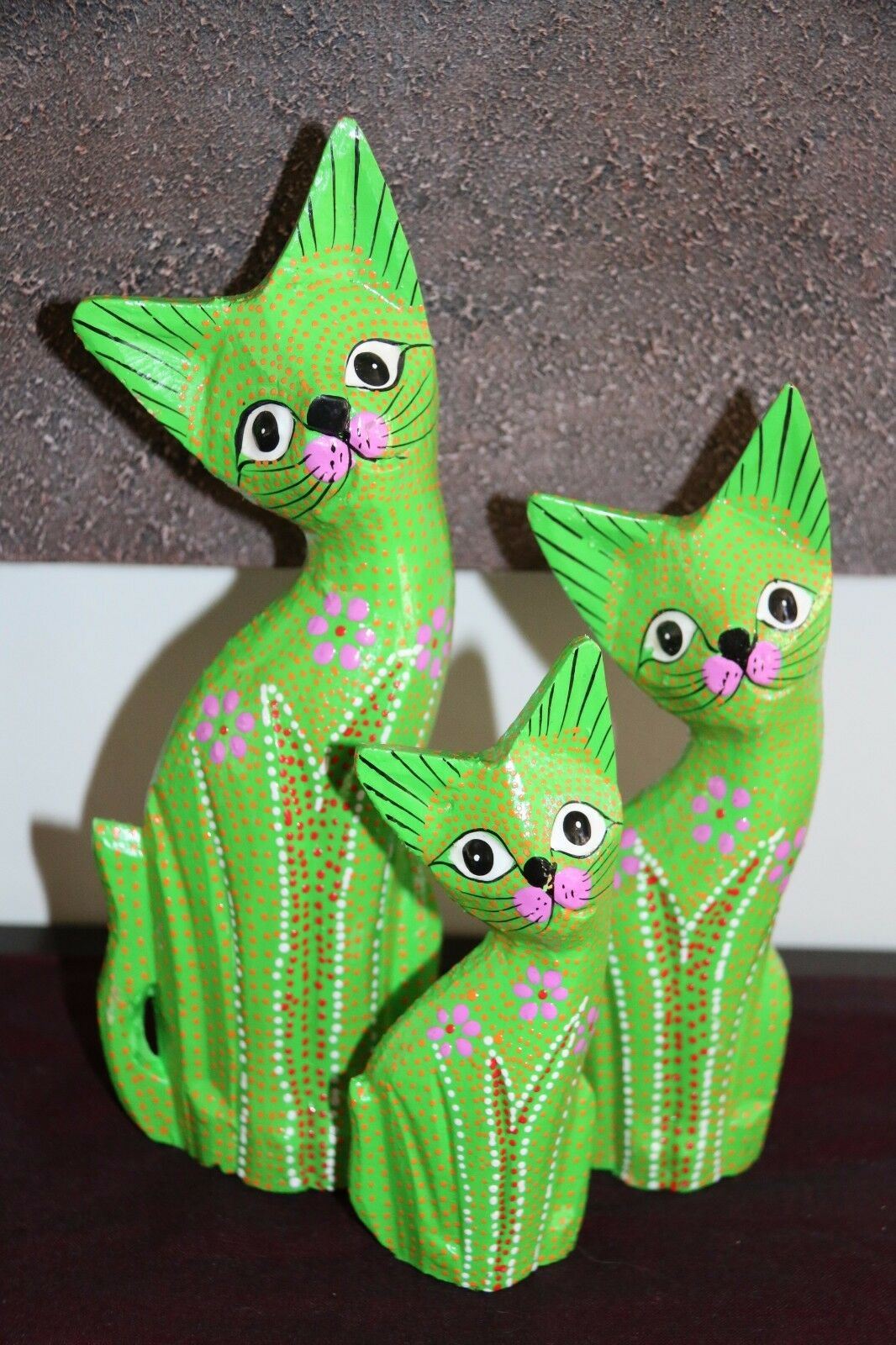 NEW Balinese Hand Carved Set 3 Cats - Wood Carved Bali Animals - 5 Colours Avail