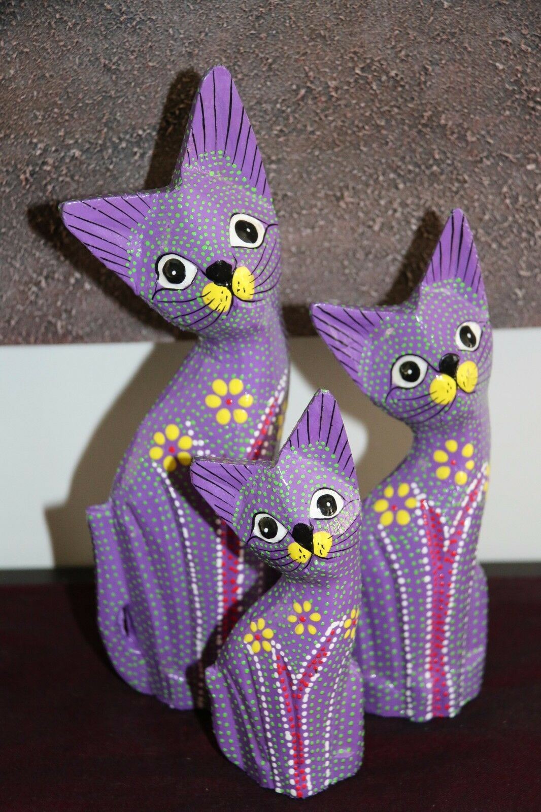 NEW Balinese Hand Carved Set 3 Cats - Wood Carved Bali Animals - 5 Colours Avail