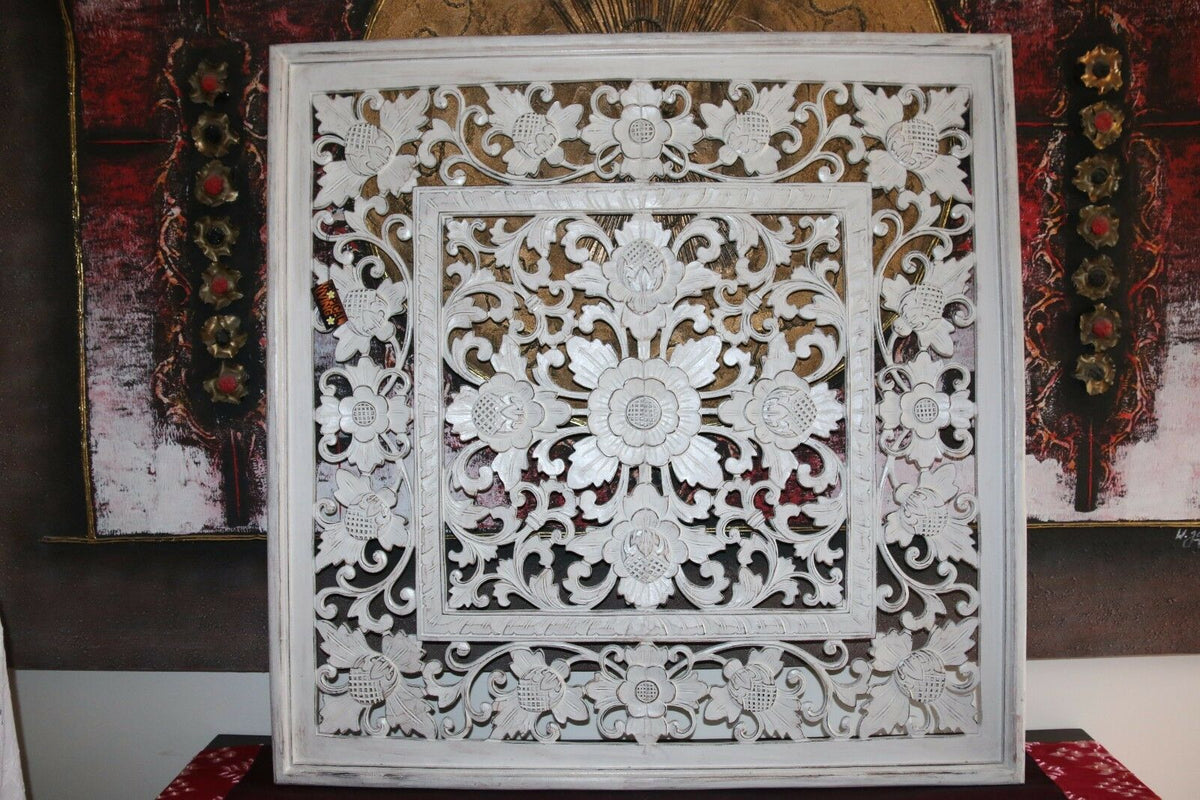 NEW Balinese Hand Carved White Washed Wood Panel - Bali Mandala Wooden Panel