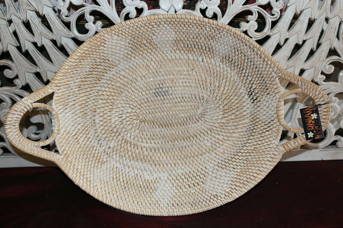 NEW Balinese Hand Woven White Washed Rattan Open Baskets / Trays - 3 sizes avail