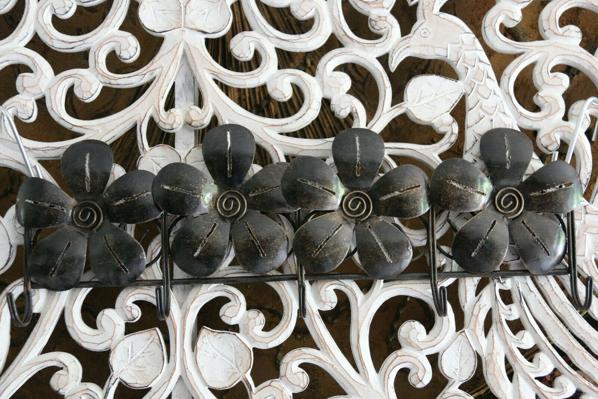 NEW Balinese Hand crafted Metal Frangipani Wall Hung 5 Peg Hook Panel