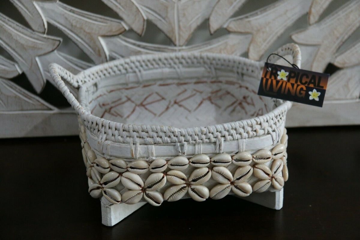 NEW Balinese Hand Crafted Woven Open Basket w/Rattan & Shell Trim - 3 Sizes Avai