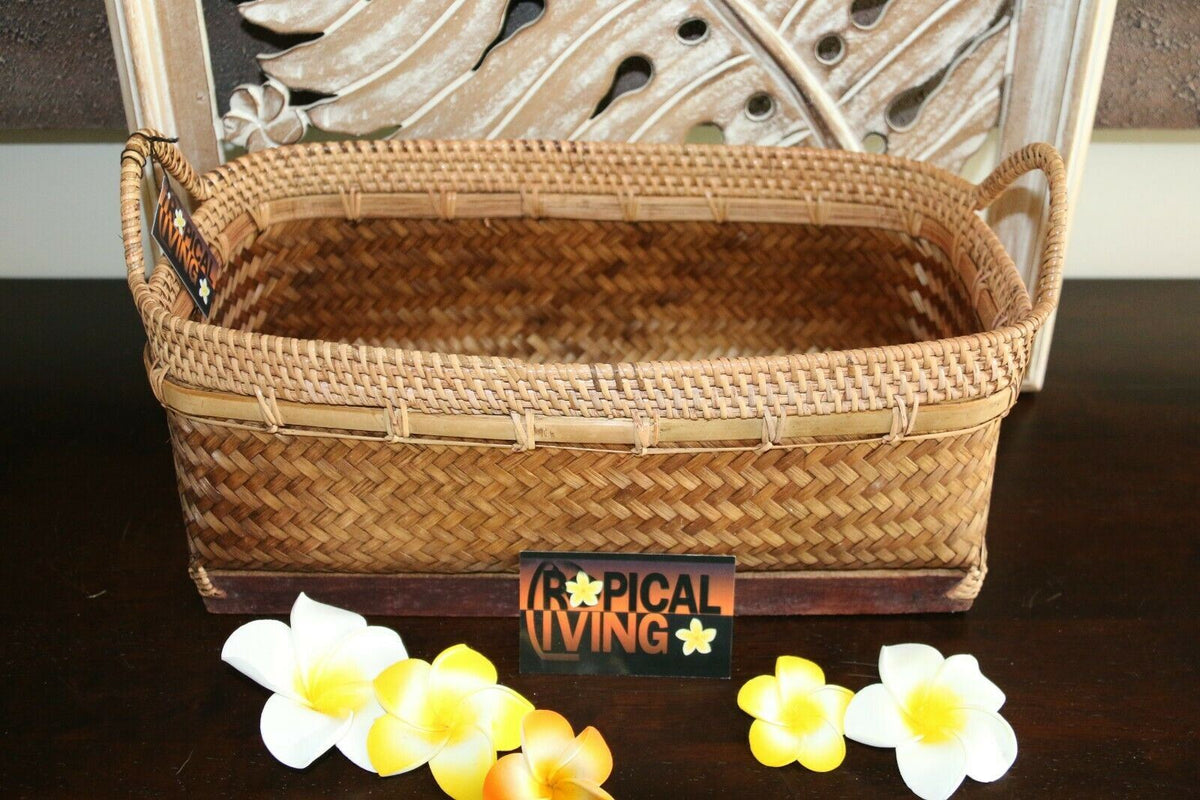 NEW Balinese Hand Crafted Woven Open Basket w/Rattan Trim - 2 Colours Avail