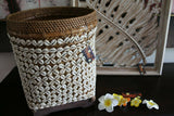 NEW Balinese Woven Basket w/Rattan & Shell Trim - Large Bali Shell Basket
