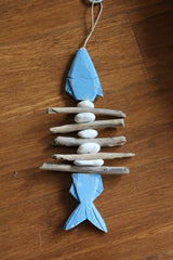 NEW Balinese Wooden Fish Hanging with Driftwood & Pebble Trim - Handcrafted