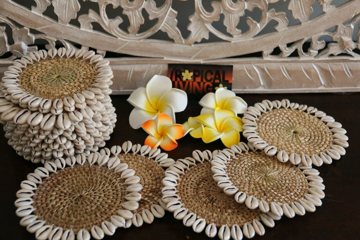 NEW Bali Woven Rattan Coasters w/Shell Trim - Balinese Coasters w/Shells 1 Pce