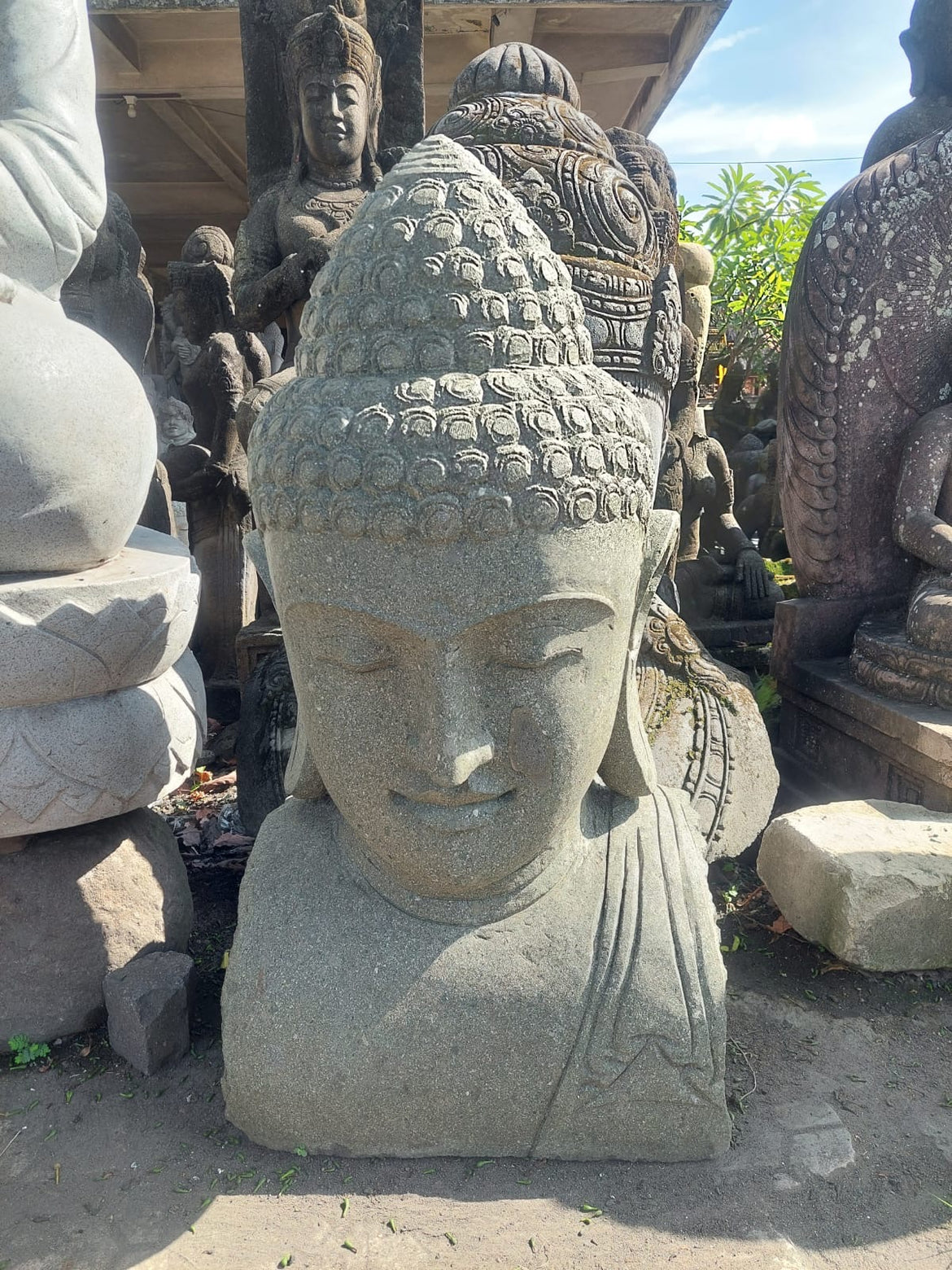 The Balinese Barong Head Stone Display, Stone Carved Sculpture on Stand store