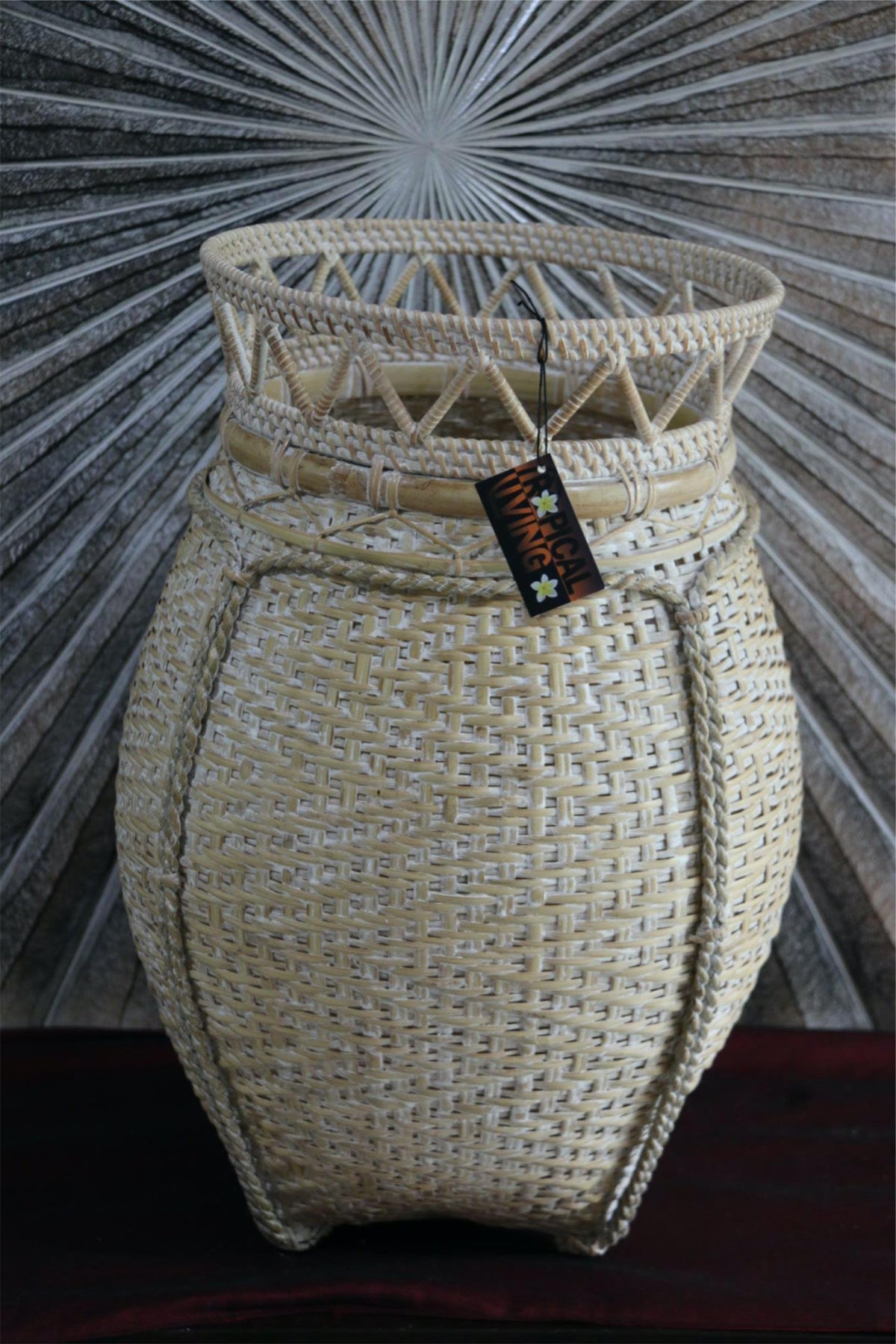 NEW BALINESE HAND WOVEN BAMBOO w/RATTAN TRIM OPEN BASKET