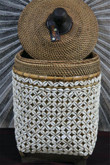 NEW Balinese Woven Basket w/Rattan & Shell Trim - Large Bali Basket with Lid