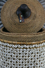 NEW Balinese Woven Basket w/Rattan & Shell Trim - Large Bali Basket with Lid