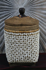 NEW Balinese Woven Basket w/Rattan & Shell Trim - Large Bali Basket with Lid