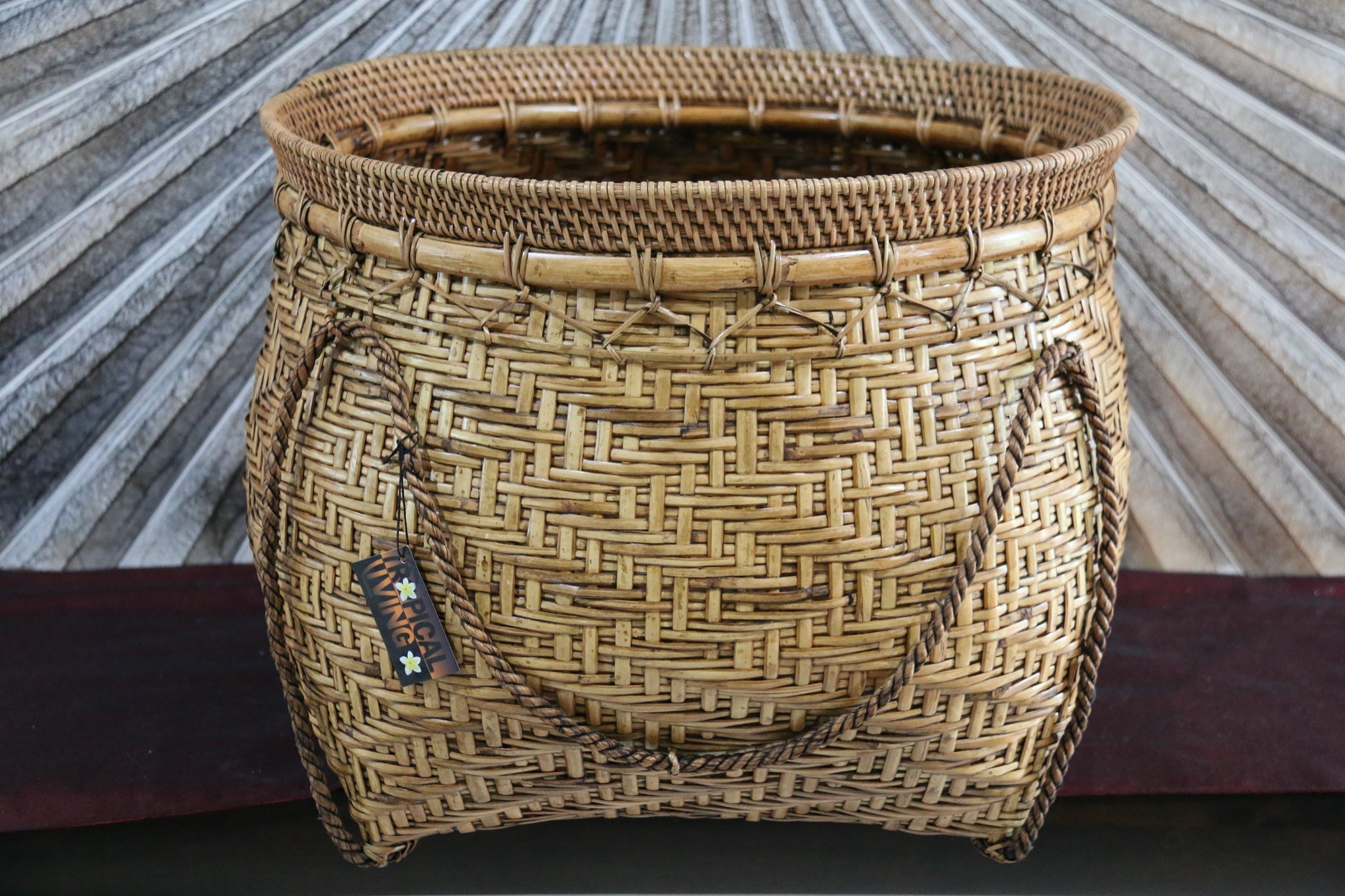 NEW BALINESE HAND WOVEN BAMBOO w/RATTAN TRIM OPEN BASKET