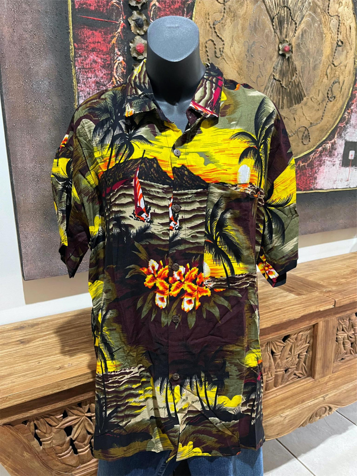 Balinese Mens Tropical Print Shirt - Size L-XL - Tropical Bali or Hawaiian Shirt