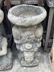 Balinese Hand Crafted Primitive Paras Statues with Pots - Bali Bird Bath