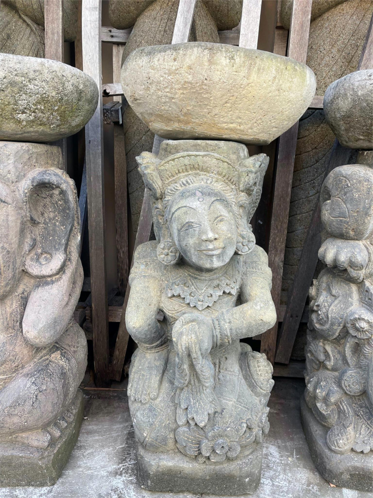 Balinese Hand Crafted Primitive Paras Statues with Pots - Bali Bird Bath