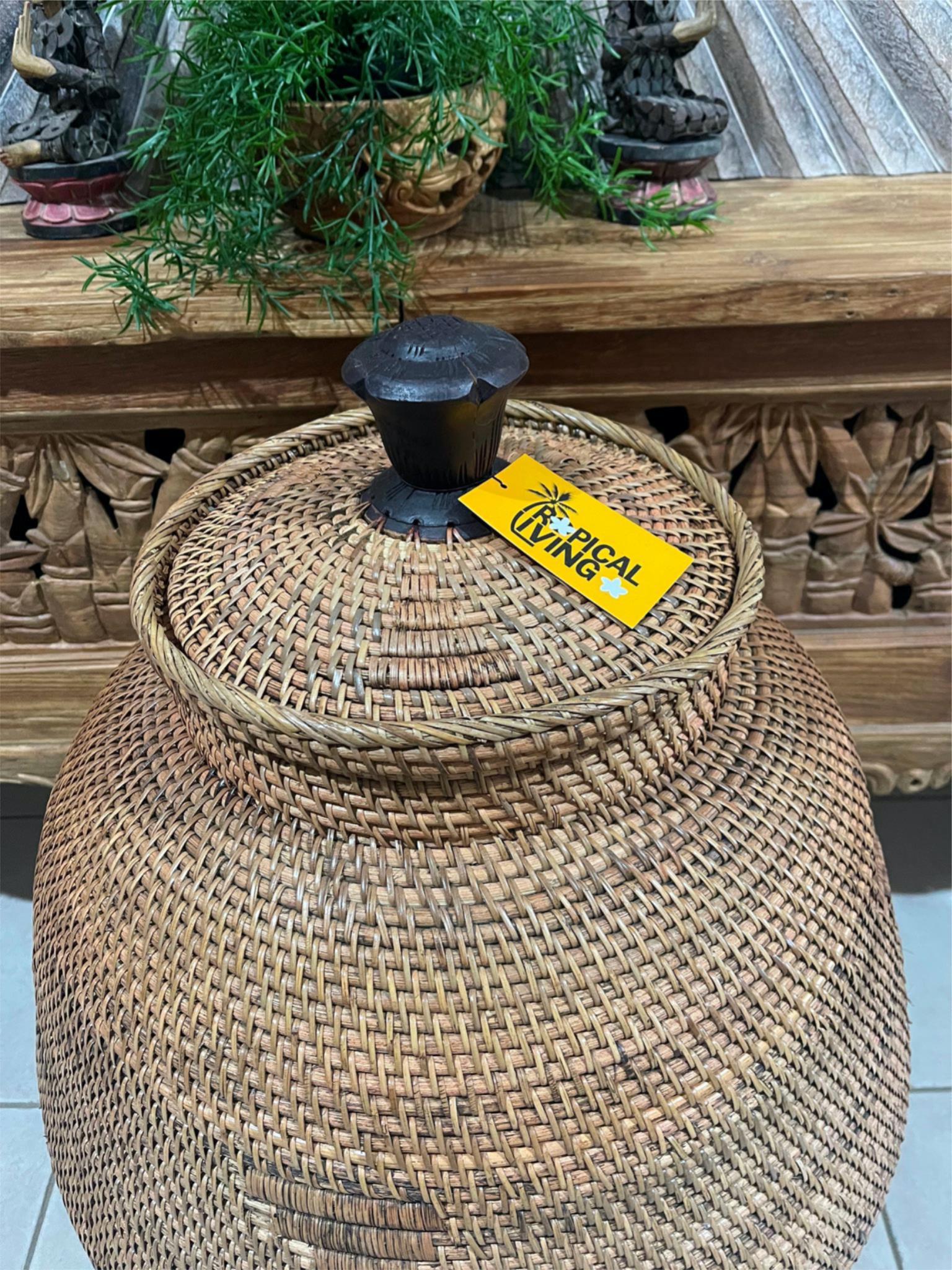 NEW Balinese Hand Woven Large Rattan Basket with Lid - Large Balinese Basket