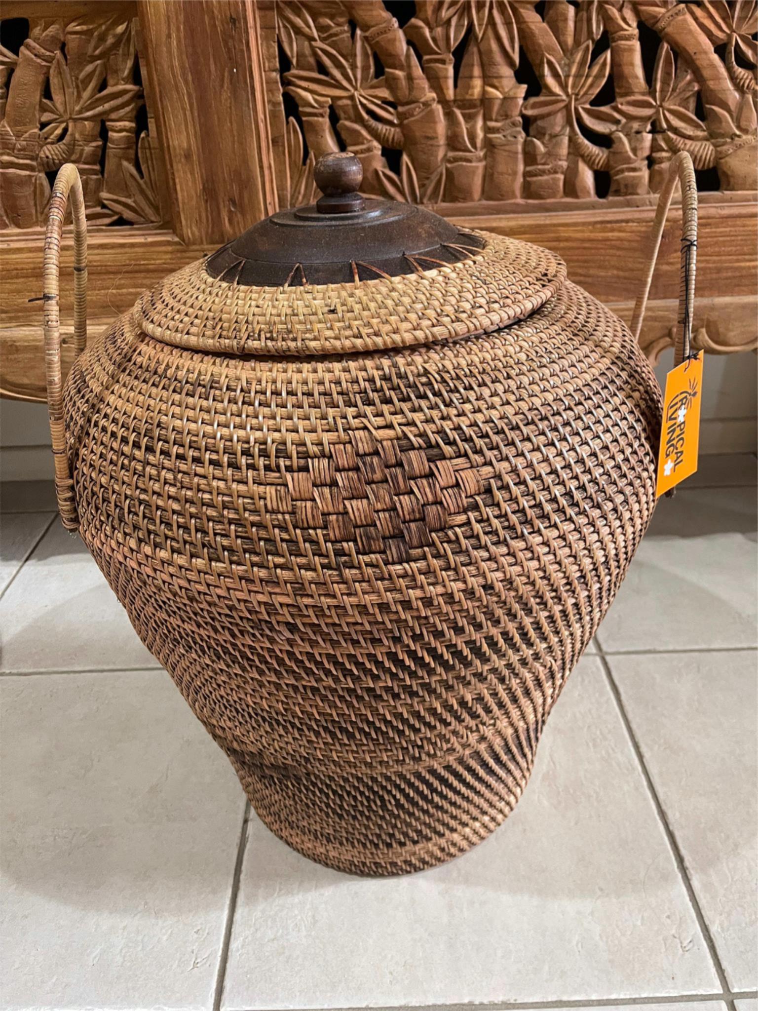 NEW Balinese Hand Woven Large Rattan Basket with Lid - Large Balinese Basket