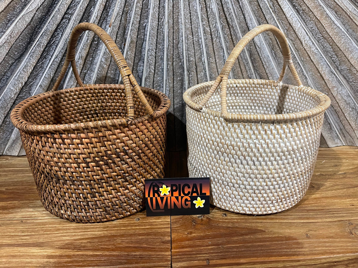 Balinese Hand Woven Rattan Open Basket w/Handle - Bali Basket - Rattan Basket