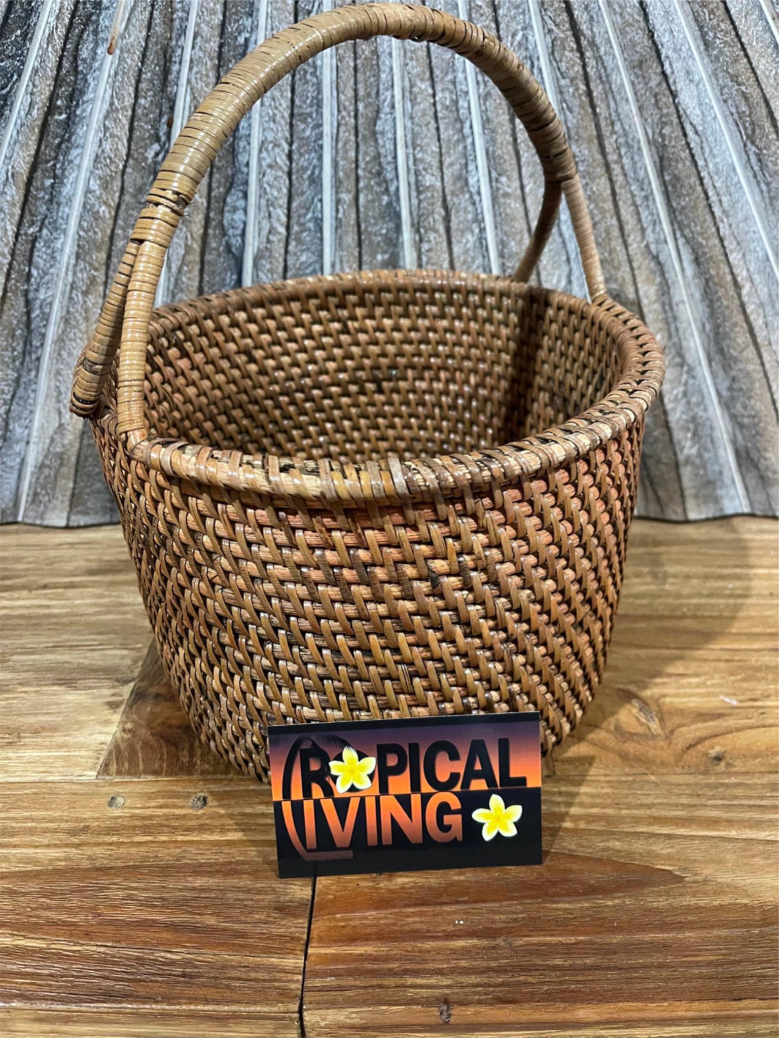 Balinese Hand Woven Rattan Open Basket w/Handle - Bali Basket - Rattan Basket