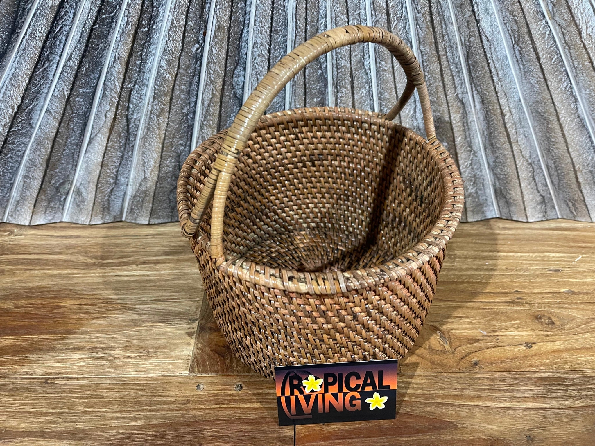 Balinese Hand Woven Rattan Open Basket w/Handle - Bali Basket - Rattan Basket