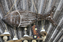 NEW Balinese Carved Wooden FISH Mobile w/Pebbles/Driftwood/Grass Tassel