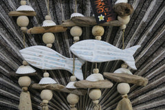 NEW Balinese Carved Wooden FISH Mobile w/Pebbles/Driftwood/Grass Tassel