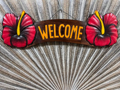 NEW Balinese Timber Hand Crafted Hibiscus WELCOME Sign - Bali Welcome Sign