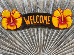 NEW Balinese Timber Hand Crafted Hibiscus WELCOME Sign - Bali Welcome Sign