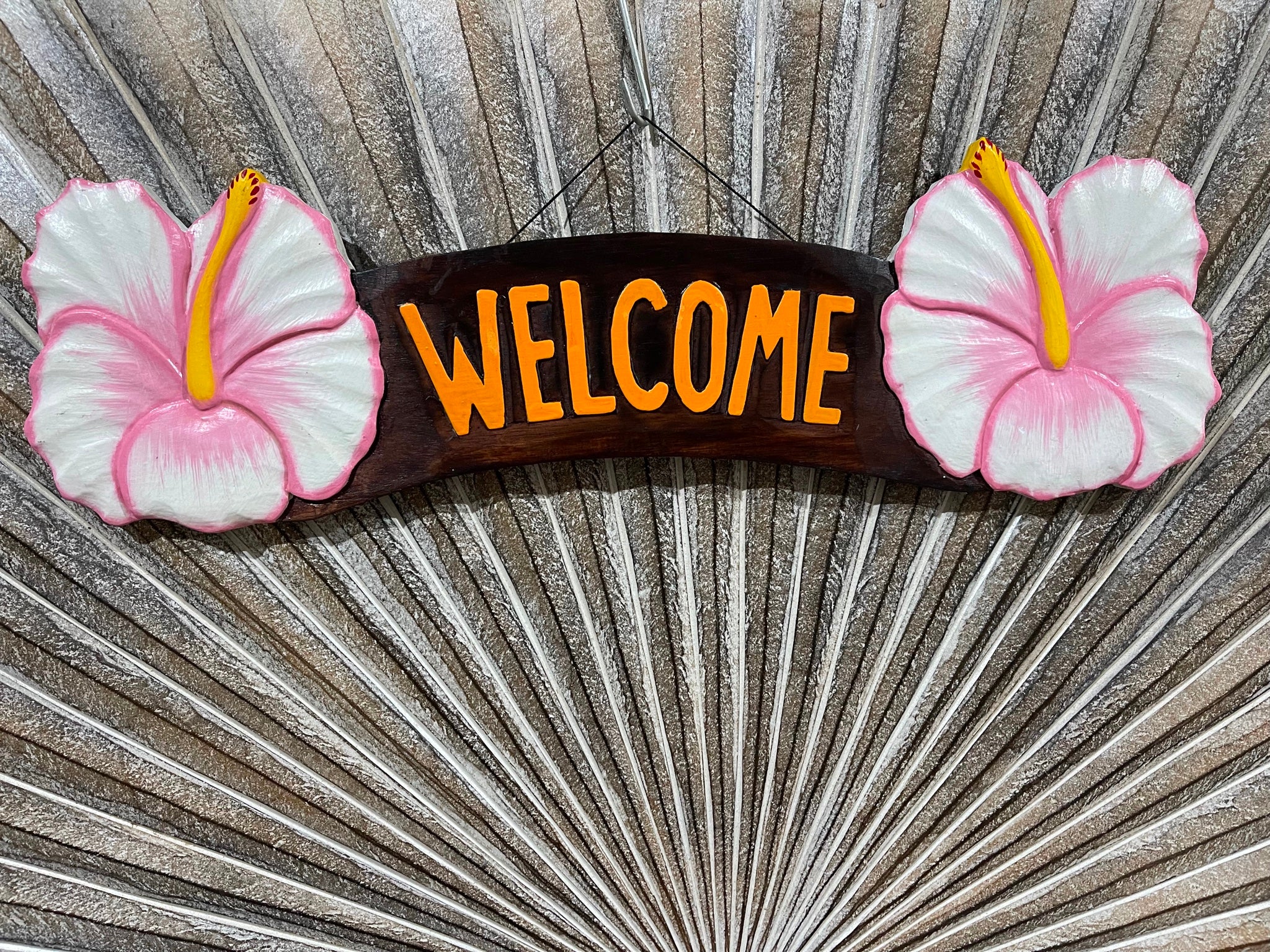 NEW Balinese Timber Hand Crafted Hibiscus WELCOME Sign - Bali Welcome Sign