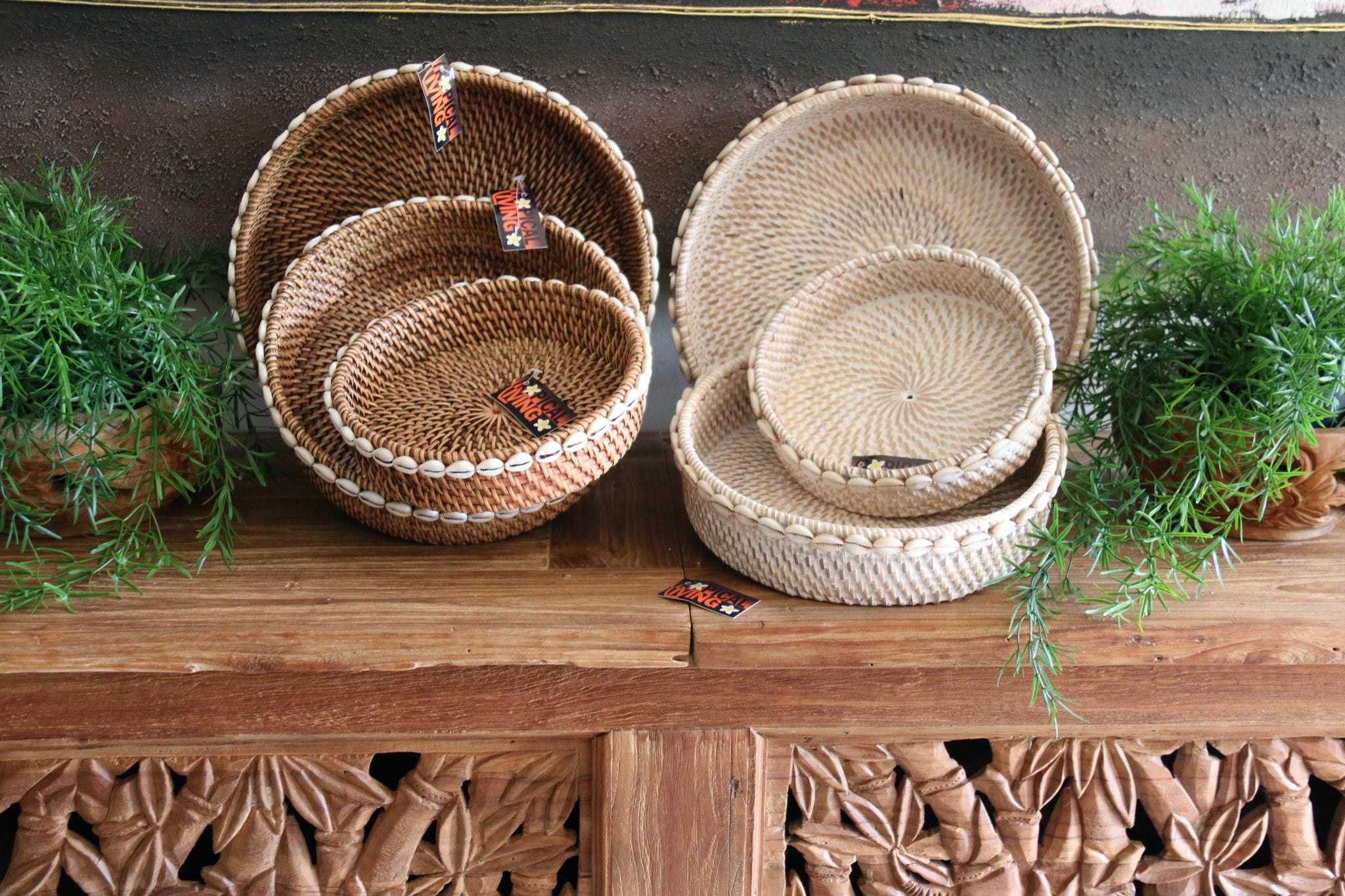 NEW Balinese Hand Woven Rattan w/Shell Trim Open Basket M