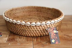 NEW Balinese Hand Woven Rattan w/Shell Trim Open Basket M