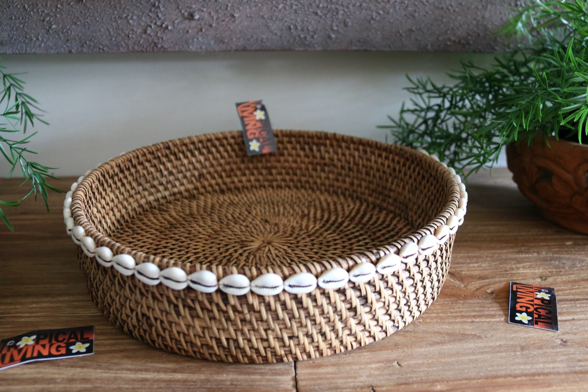 NEW Balinese Hand Woven Rattan w/Shell Trim Open Basket L