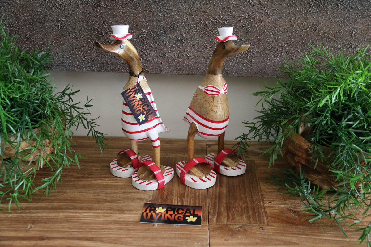 NEW Set of 2 Balinese Hand Carved Wooden Ducks - Bali Rice Paddy Bikini Ducks