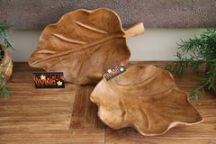 NEW Balinese Quality TEAK Wood Hand Crafted Leaf Platter - Carved Bali Platter