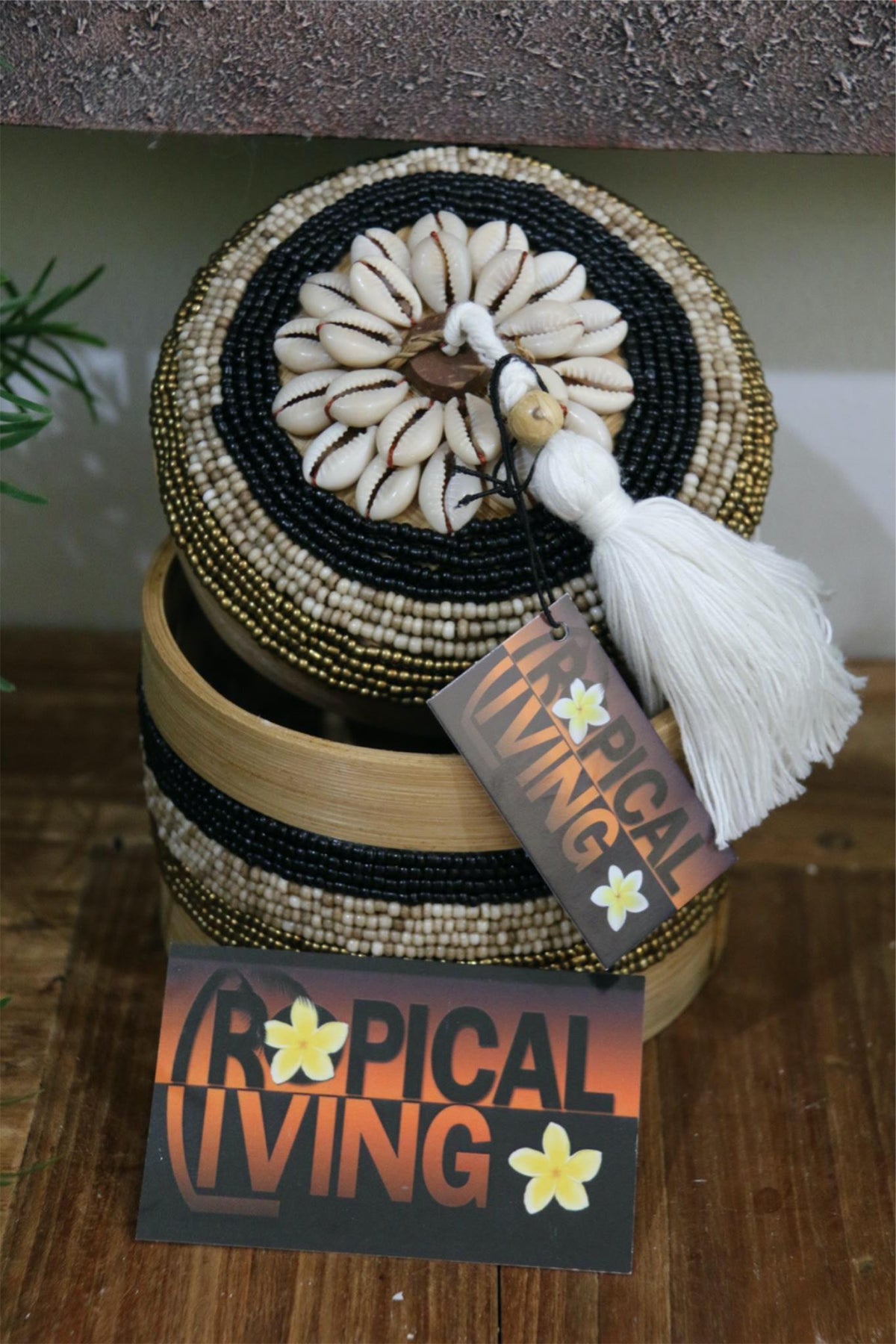 NEW Balinese Bamboo Fully Beaded w/shell trim Basket with Lid - SMALL