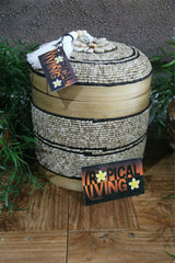 NEW Balinese Bamboo Fully Beaded w/shell trim Basket with Lid - LARGE