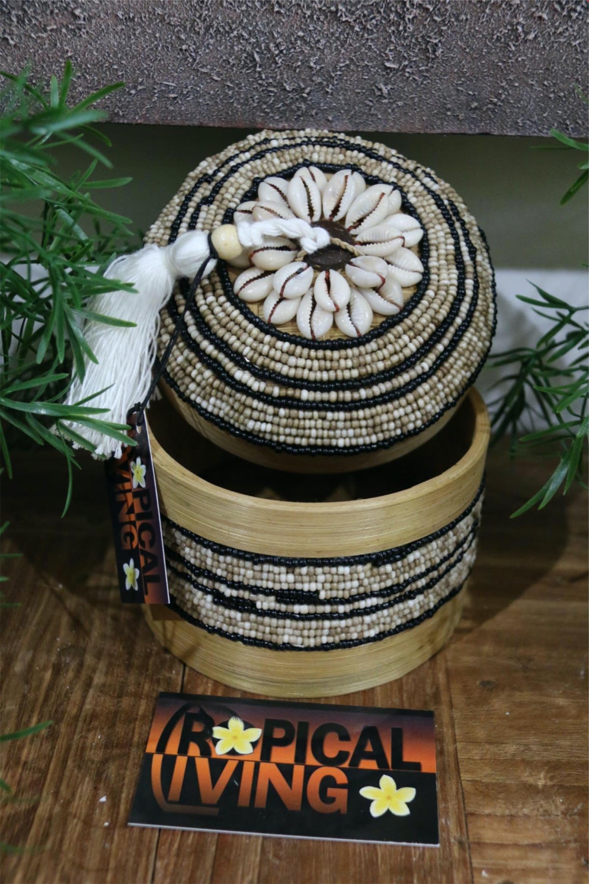 NEW Balinese Bamboo Fully Beaded w/shell trim Basket with Lid - SMALL