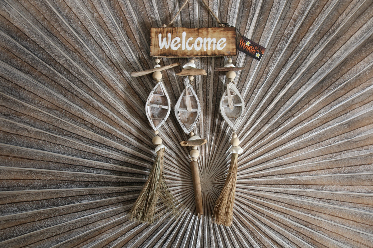 NEW Balinese Timber WELCOME Sign w/3 Row Boats/Pebbles/Driftwood