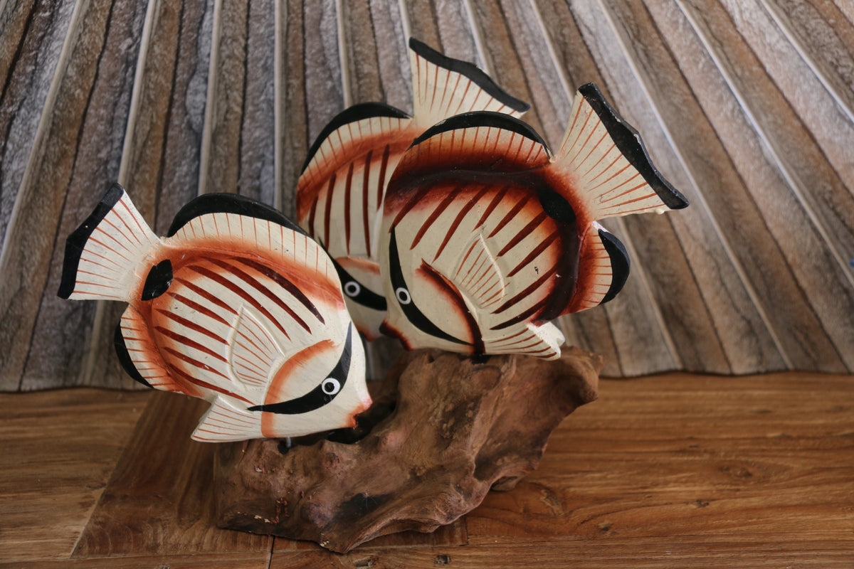 NEW Balinese Hand Carved 3 Wooden Fish on Natural Wood Sculpture - 4 Colours