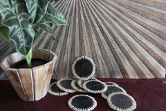 NEW Bali Woven Rattan Coasters w/Shell Trim - Balinese Coasters w/Shells 1 Pce