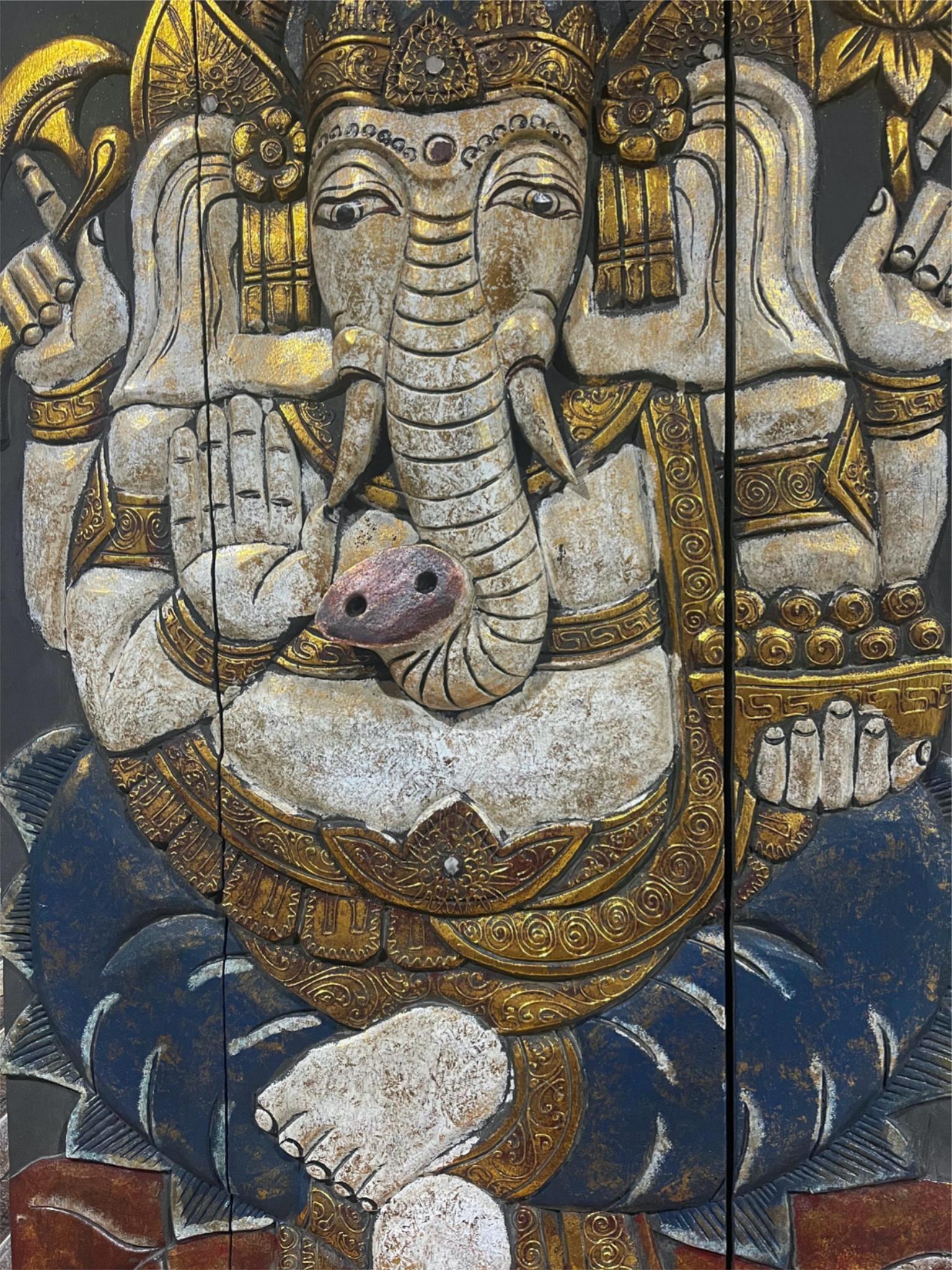 Balinese Hand Carved Wood Hinged 3D Ganesha Wall Panel - Bali Ganesh Wall Panel