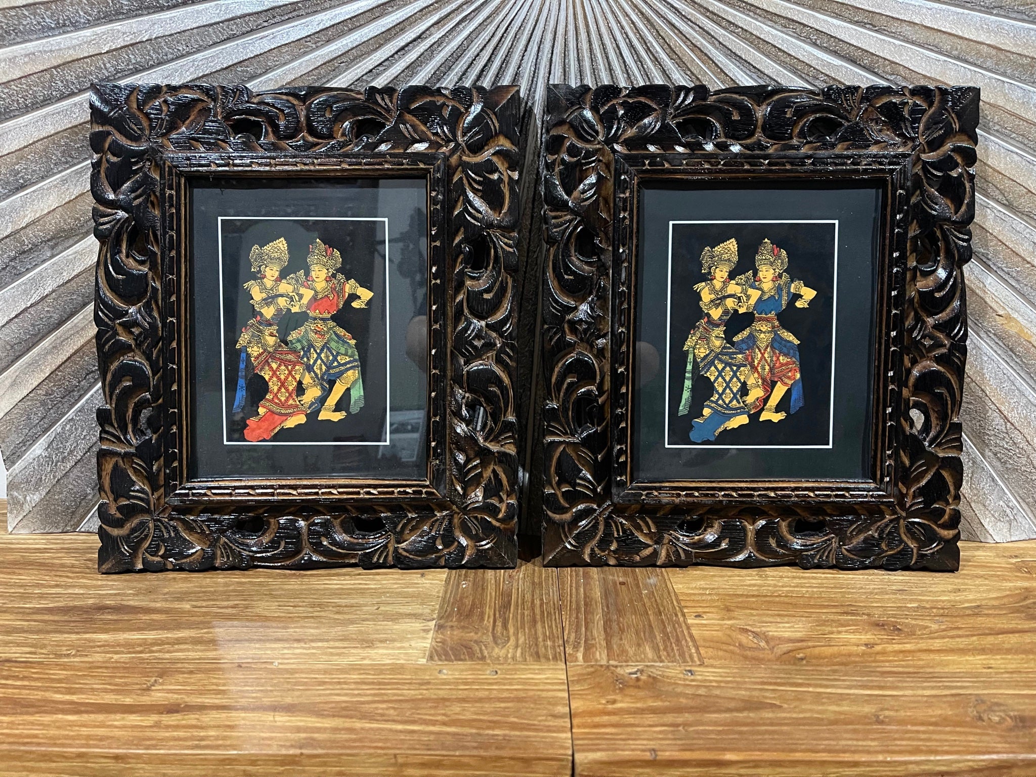 Balinese Pattern Frame Balinese Traditional Painting w/Bali Carved Frame - Traditional Bali P ...