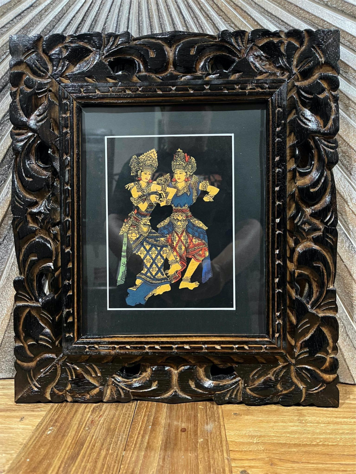 Balinese Traditional Painting w/Bali Carved Frame - Traditional Bali Painting