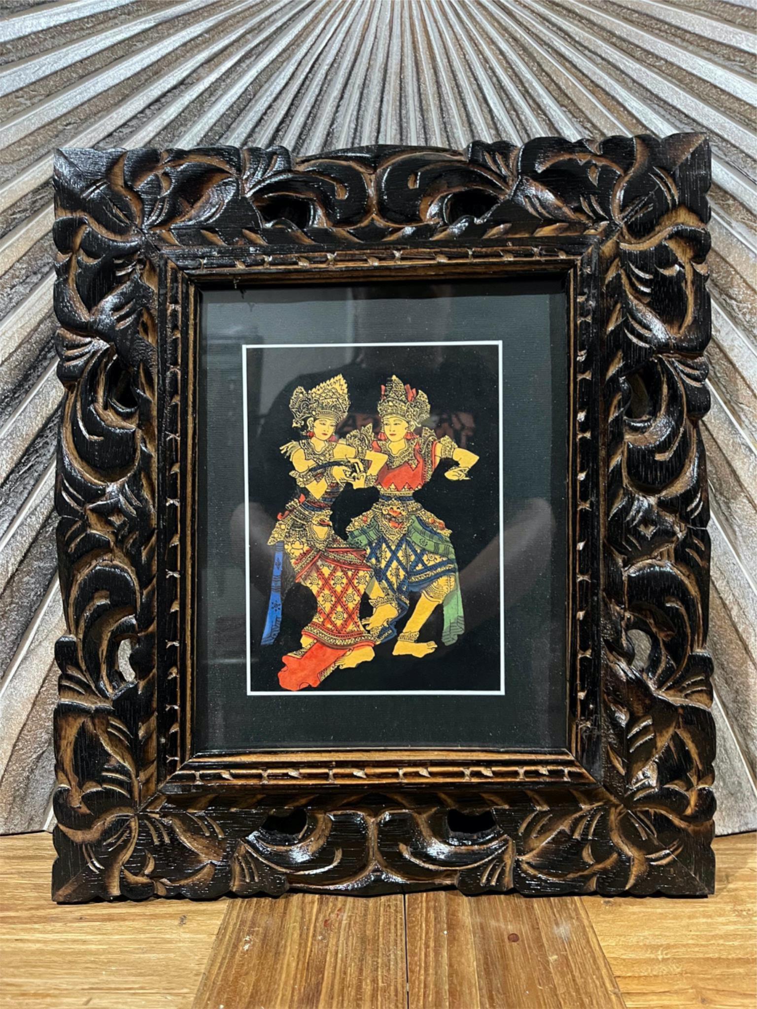 Balinese Pattern Frame Balinese Traditional Painting w/Bali Carved Frame - Traditional Bali P ...