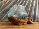 NEW Balinese Hand Blown Glass Bowl on Suar Wood Buddha Hands - Quality Wood