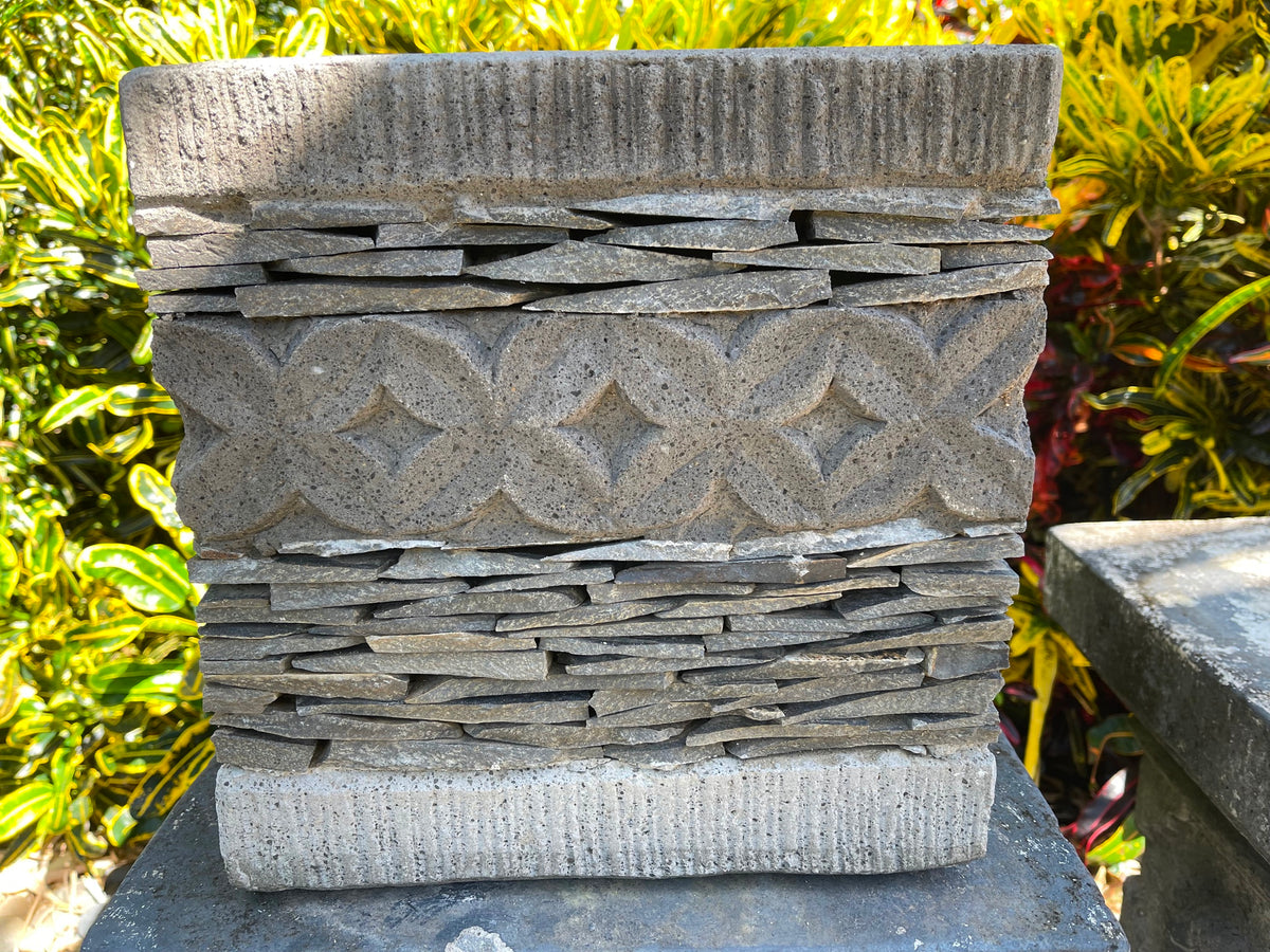 Balinese Hand Crafted & Inlaid Slate Pot w/Frangipani Carving - Bali Feature Pot