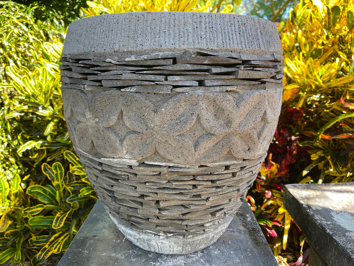 Balinese Hand Crafted & Inlaid Slate Pot w/Frangipani Carving - Bali Feature Pot